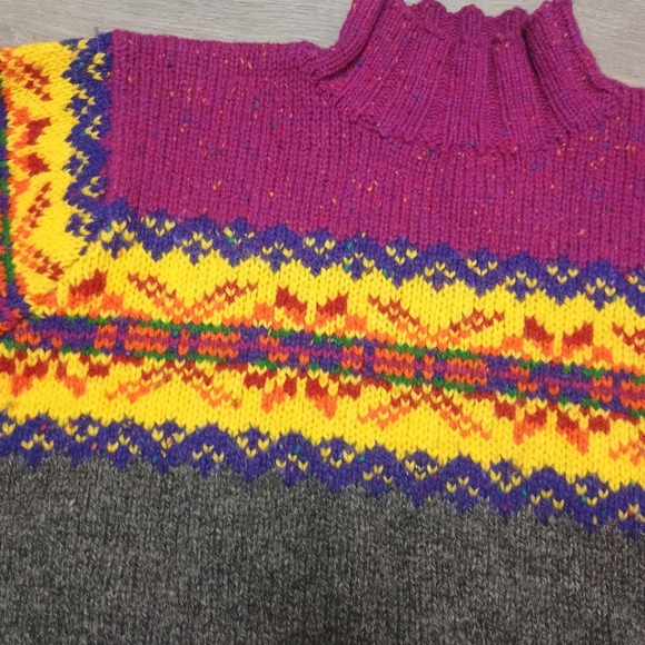 Y2K Express Tricot 100% Wool Pink Turtle Neck Fair Isle Snowflake Sweater Large - Picture 2 of 6